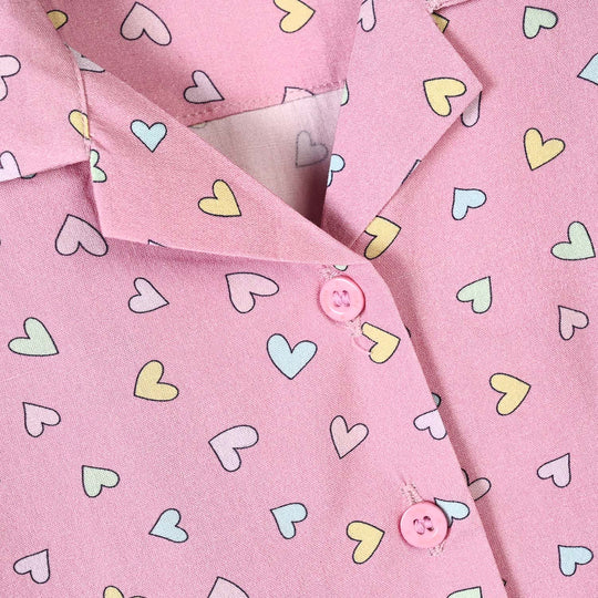 Infant Girls Linen Viscose Nightwear-Multi Hearts-Pink