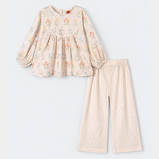 Girls Cotton Co-Ord Set Stripes- Off White