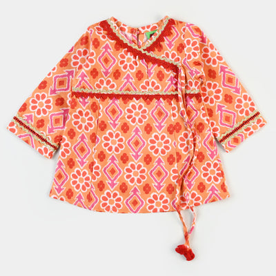 Infant Girls Digital Print Kurti Cotton Vibrant - ORANGE