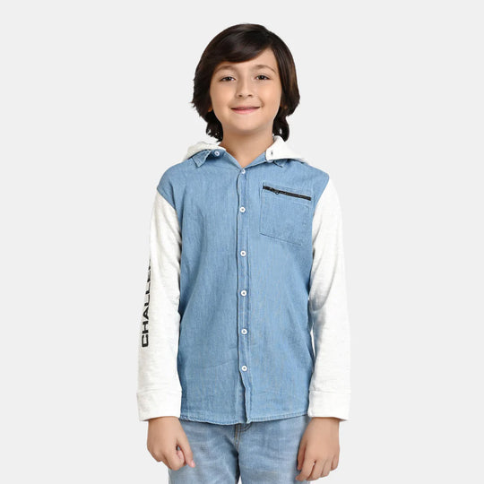 Boys Denim Hooded Shirt Adventure Outdoor-Ice Blue