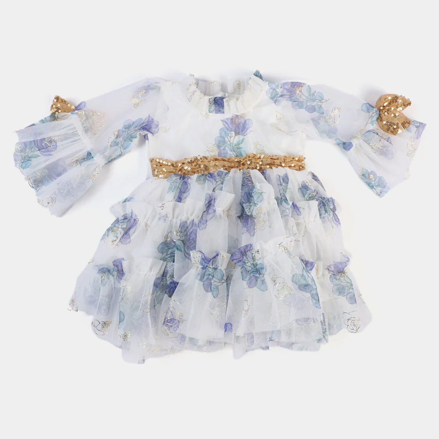 Infant Girls Net & Silk Fancy Frock Floral-Blue