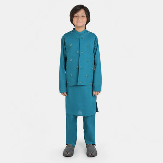 Boys Cotton Slub 3 Piece Suit -Teal