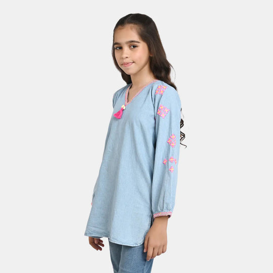 Girls Top Denim v neck embroidered - Ice Blue