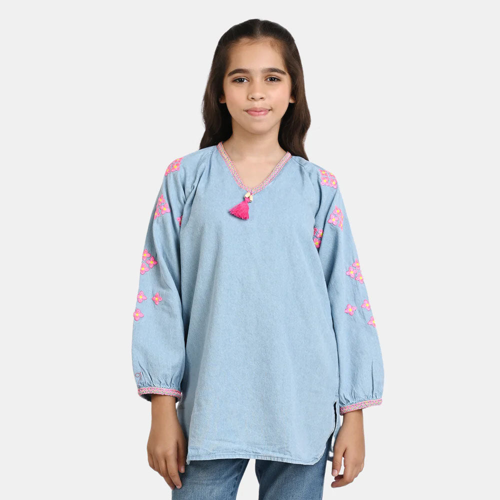 Girls Top Denim v neck embroidered - Ice Blue