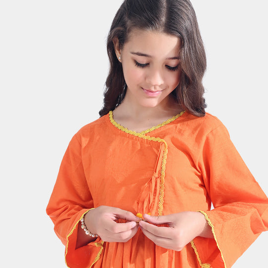 Girls Jacquard Emb Kurti Classic | ORANGE