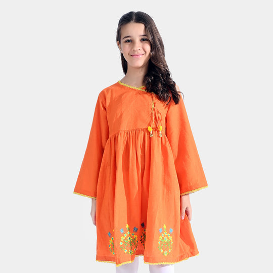 Girls Jacquard Emb Kurti Classic | ORANGE