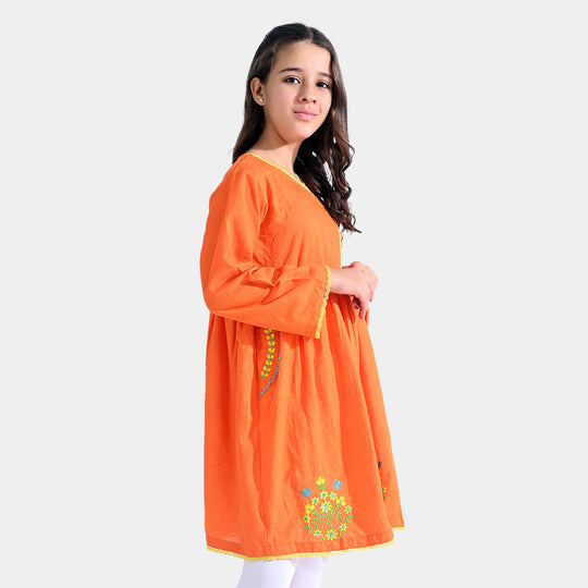 Girls Jacquard Emb Kurti Classic | ORANGE