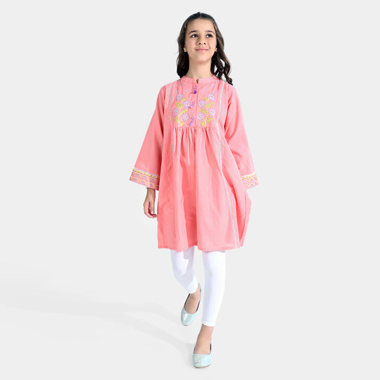 Girls Jacquard Emb Kurti Flora-Peach