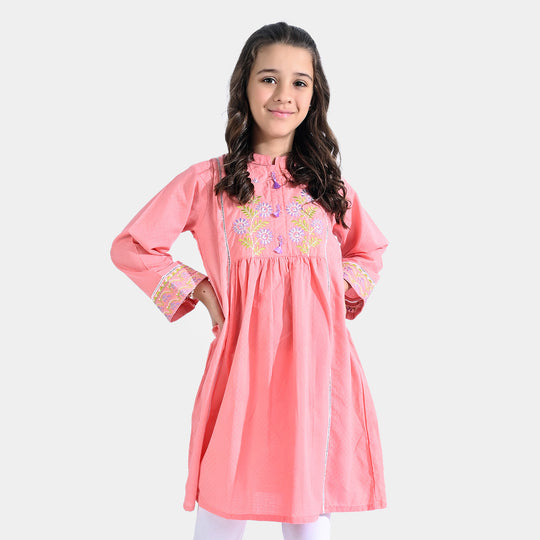 Girls Jacquard Emb Kurti Flora-Peach