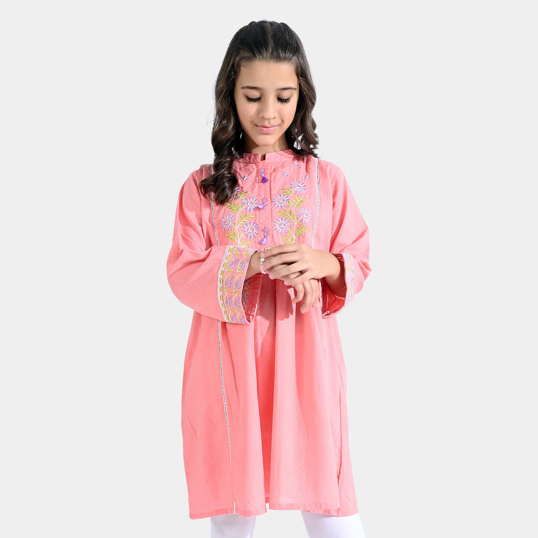 Girls Jacquard Emb Kurti Flora-Peach