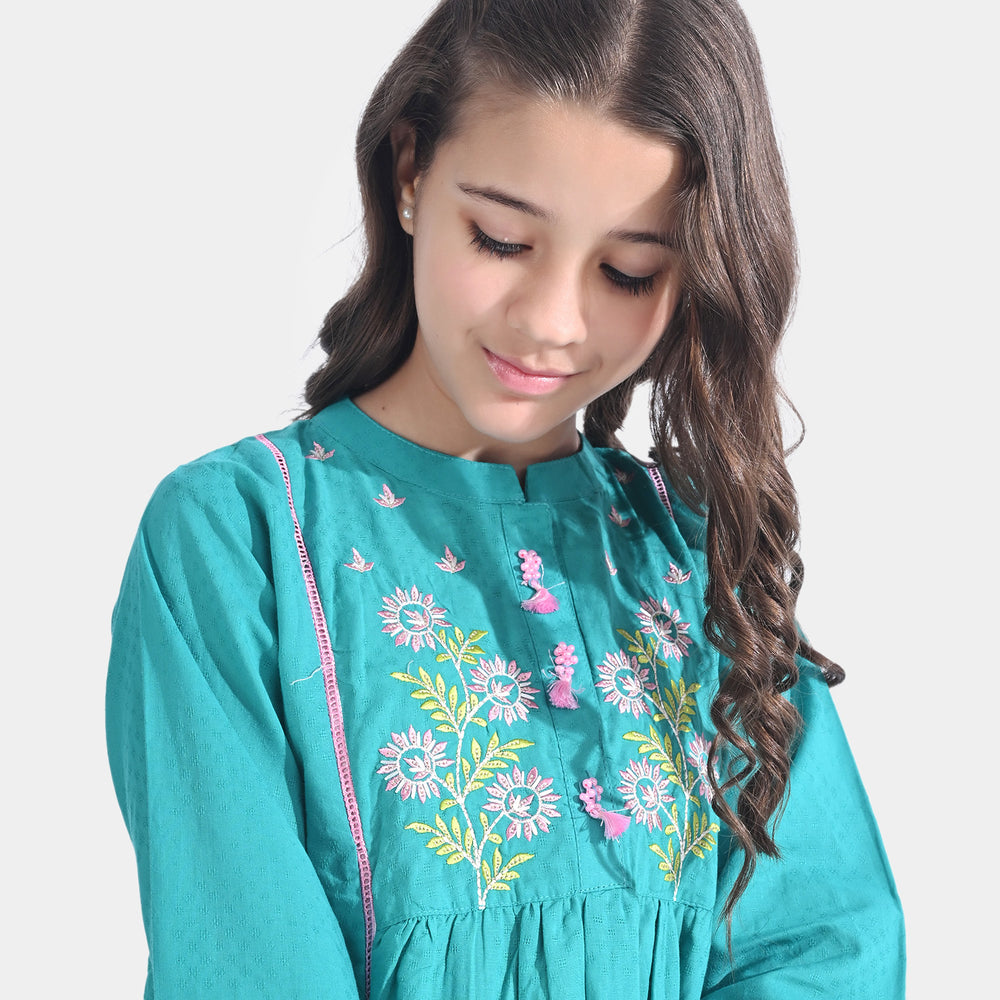 Girls Jacquard Emb Kurti Flora-Sea Green