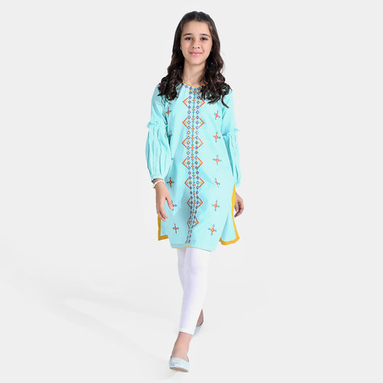 Girls Jacquard EMB. Kurti Traditional-Aqua Green