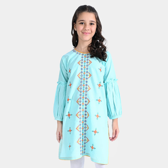 Girls Jacquard EMB. Kurti Traditional-Aqua Green