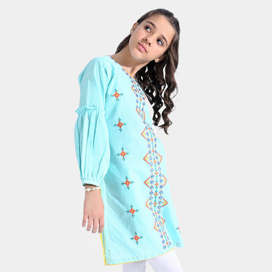 Girls Jacquard EMB. Kurti Traditional-Aqua Green