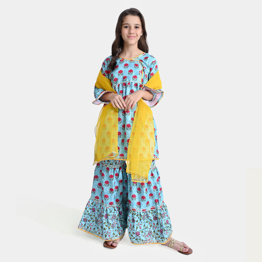 Girls Raw Silk 3 Pcs  Suit Rani-LT. Blue