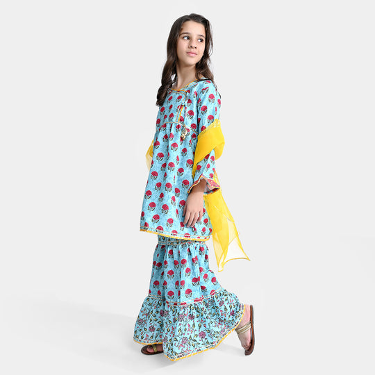 Girls Raw Silk 3 Pcs  Suit Rani-LT. Blue