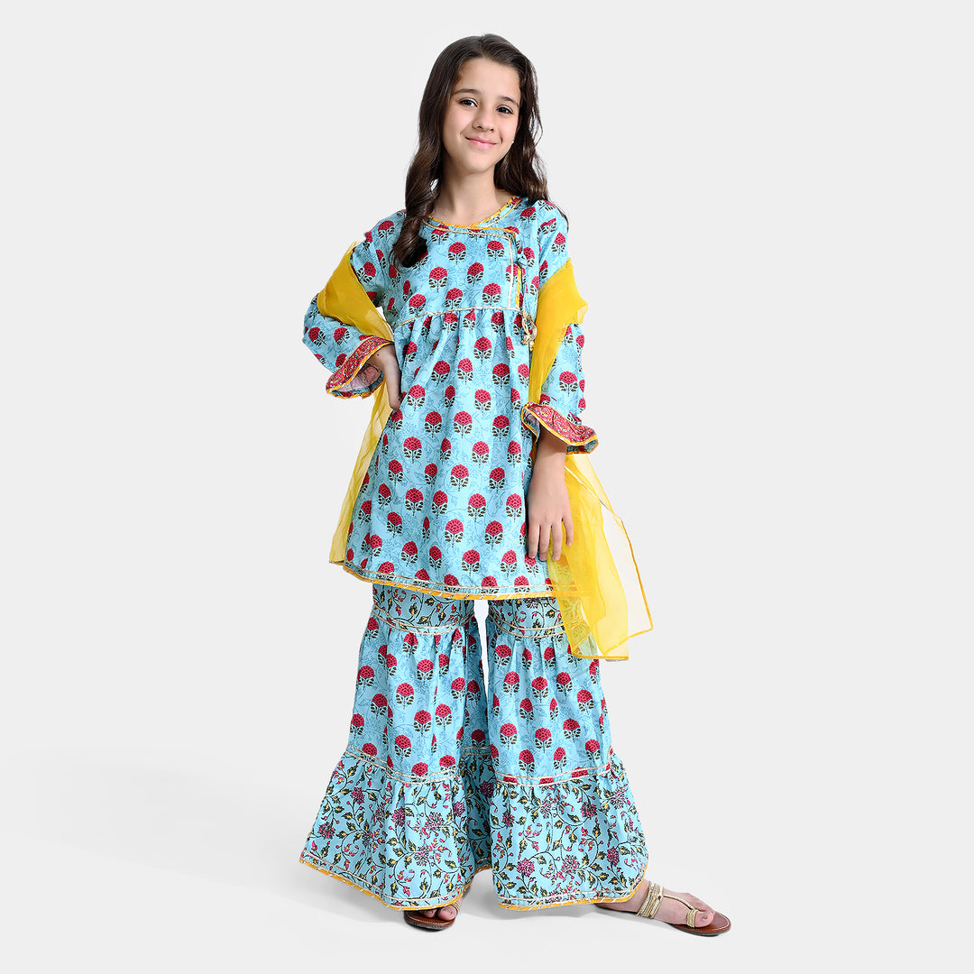 Girls Raw Silk 3 Pcs  Suit Rani-LT. Blue