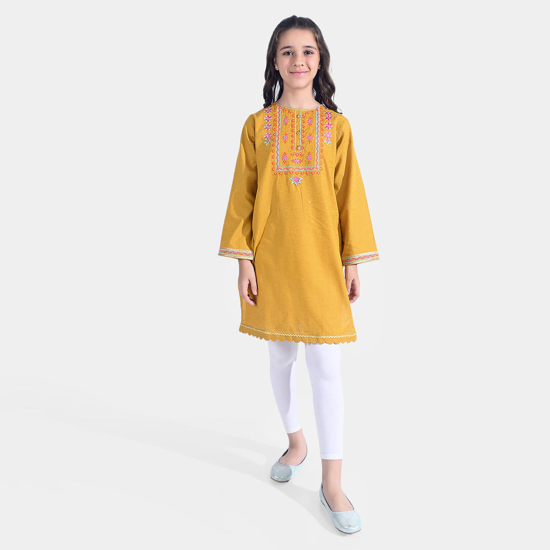 Girls Jacquard EMB Kurti Glam | Mustard