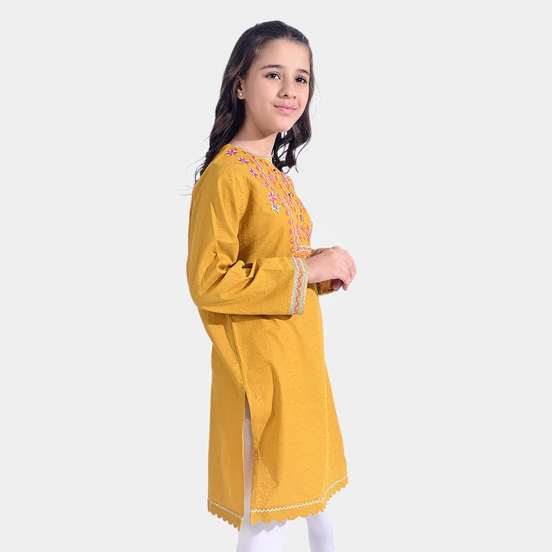 Girls Jacquard EMB Kurti Glam | Mustard