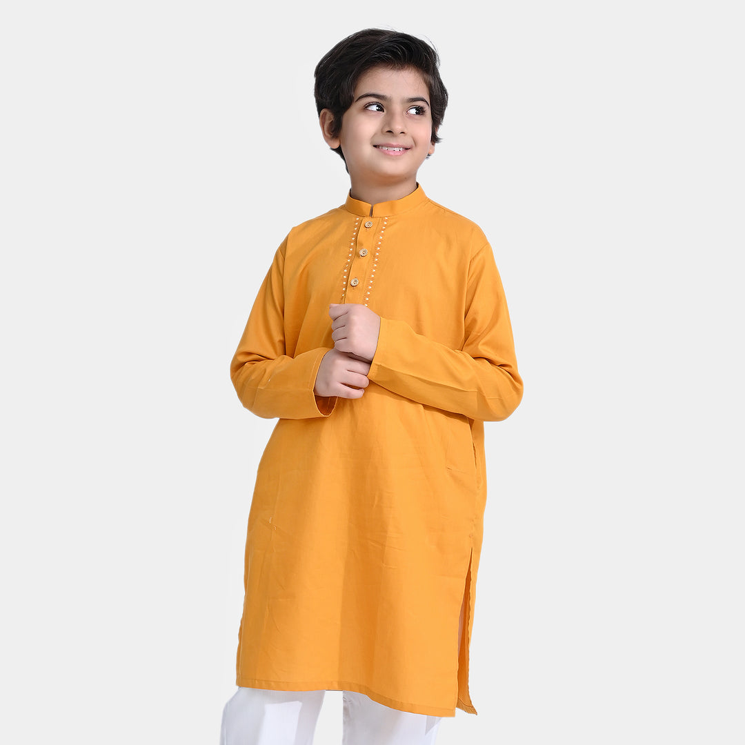 Boys Cotton Poplin Printed Kurta (I. Motif)-Mustard