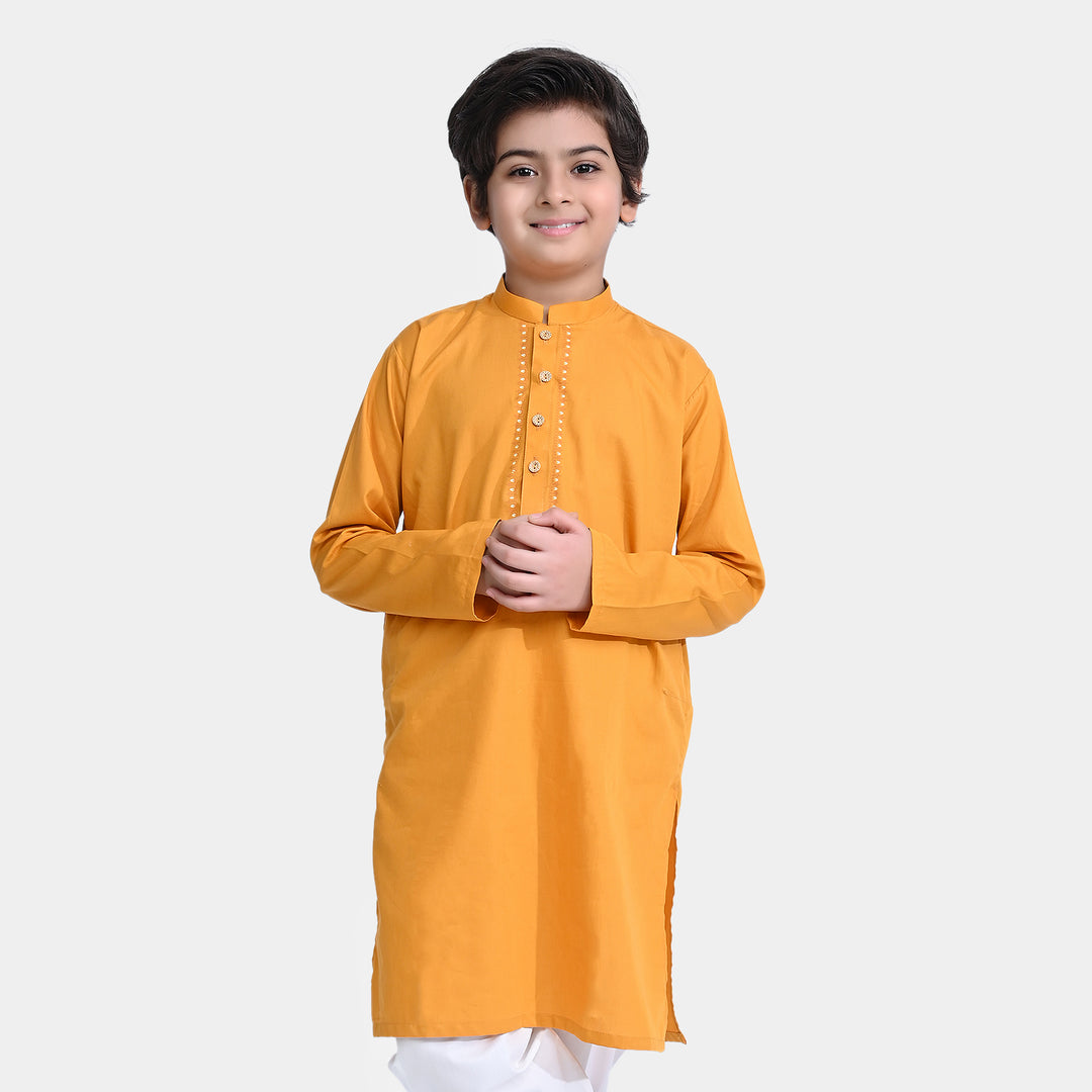 Boys Cotton Poplin Printed Kurta (I. Motif)-Mustard