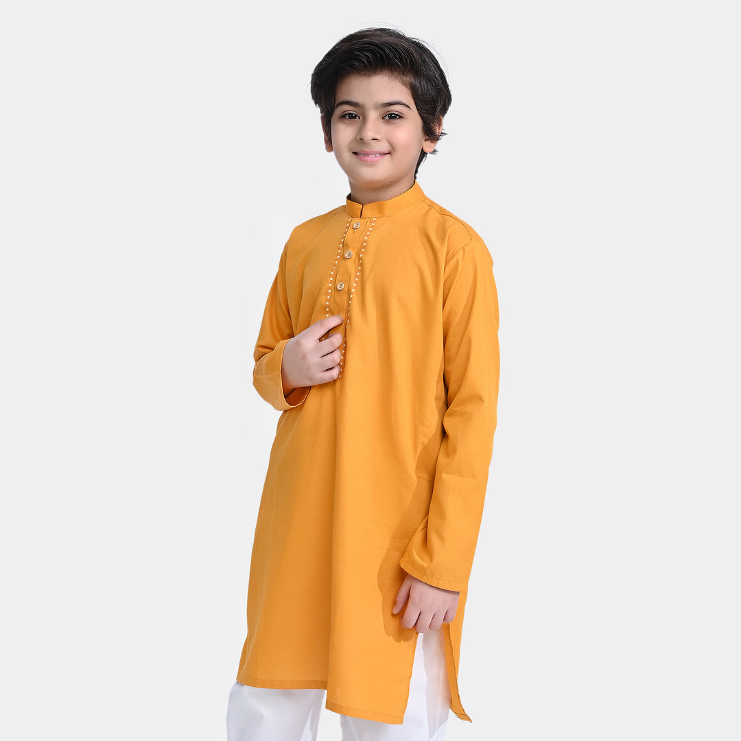 Boys Cotton Poplin Printed Kurta (I. Motif)-Mustard