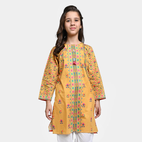 Girls Cotton Poplin Printed Kurti Laddu Peel-Mustard