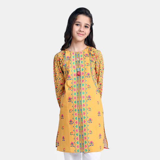 Girls Cotton Poplin Printed Kurti Laddu Peel-Mustard