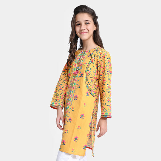 Girls Cotton Poplin Printed Kurti Laddu Peel-Mustard