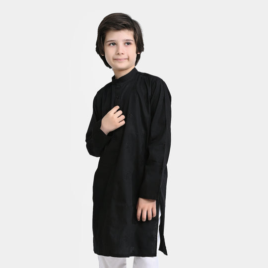 Boys Cotton Embroidered Kurta (Tribal Motif)-BLACK