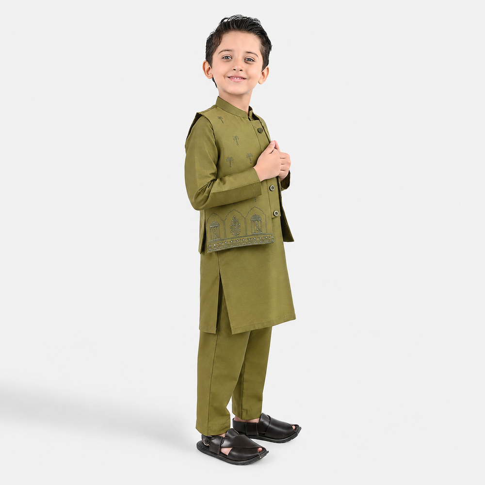 Boys Poly Cotton 3Piece Suit (Mehrab)-Green
