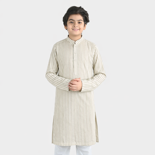 Boys Yarn Dyed Basic Kurta - White Stripe