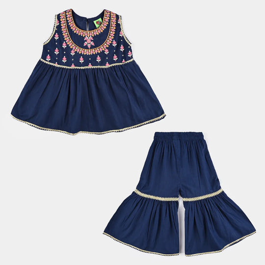 Infant Girls Cotton Slub Emb 2Pcs Raqs - Navy Blue