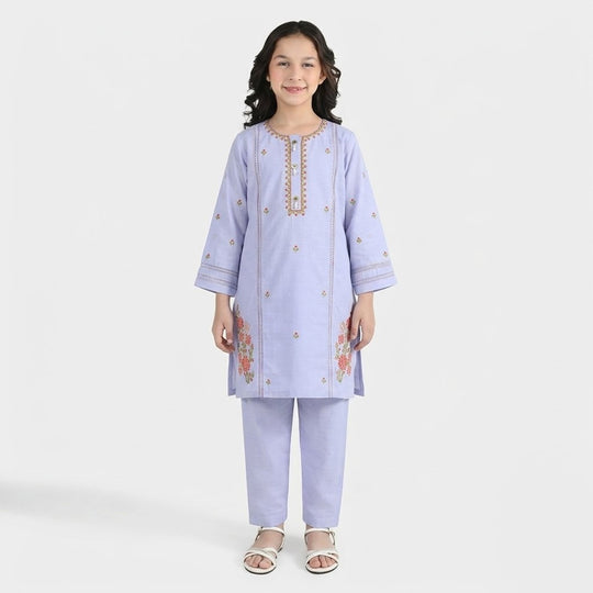 Girls Cotton Slub Embroidered Suit (Nagma) - Lilac
