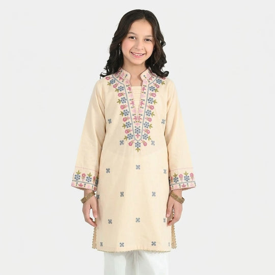 Girls Cotton Poplin Emb Kurti Chicken Kari-Cream