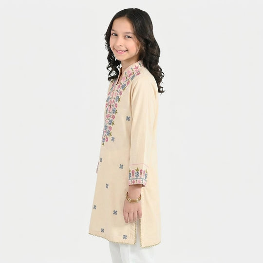 Girls Cotton Poplin Emb Kurti Chicken Kari-Cream
