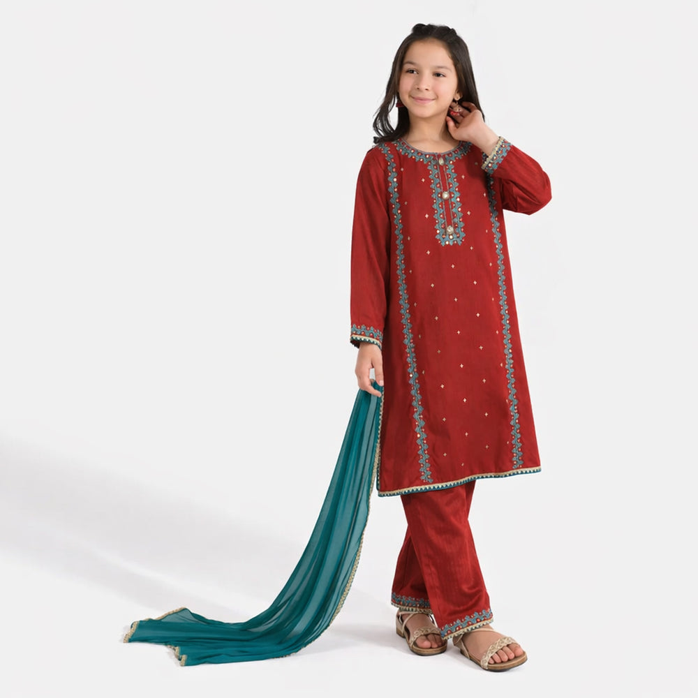 Girls Raw Silk 3Pcs Naqsh-Red