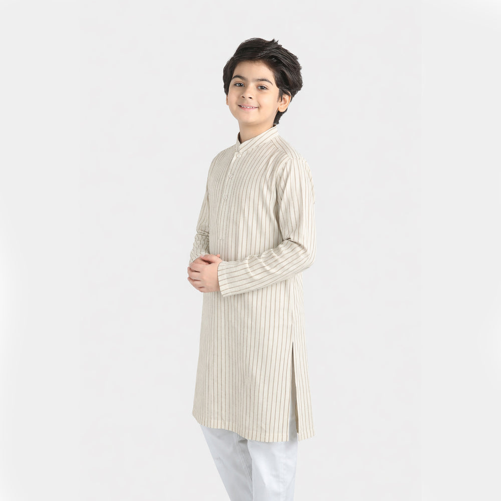 Boys Yarn Dyed Basic Kurta - White Stripe