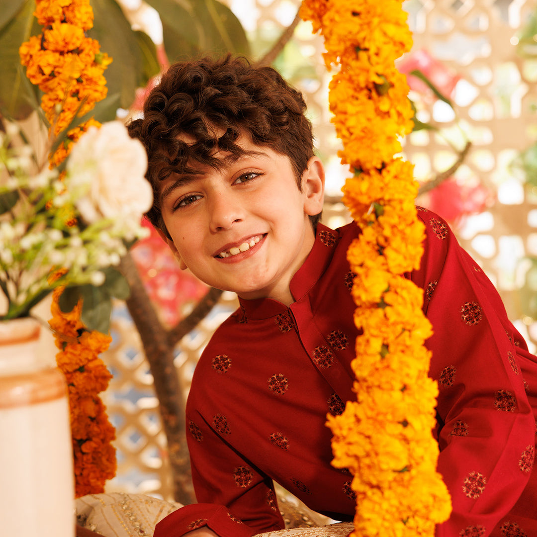 Boys Cotton Jacquard Printed Kurta (Ornamental) - Red