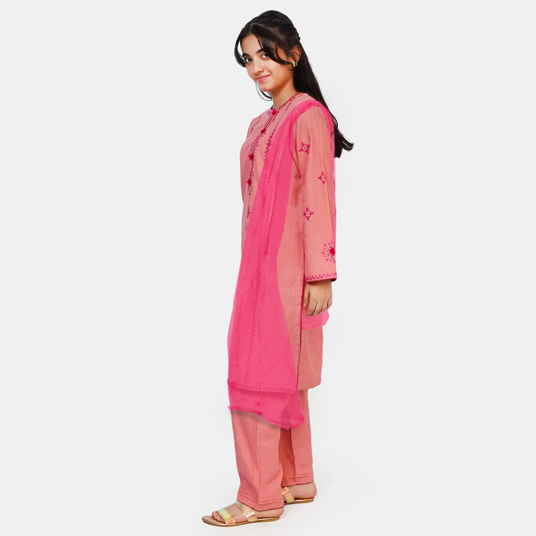 Teens Girls Jacquard 3Pcs Traditional Suit - Peach