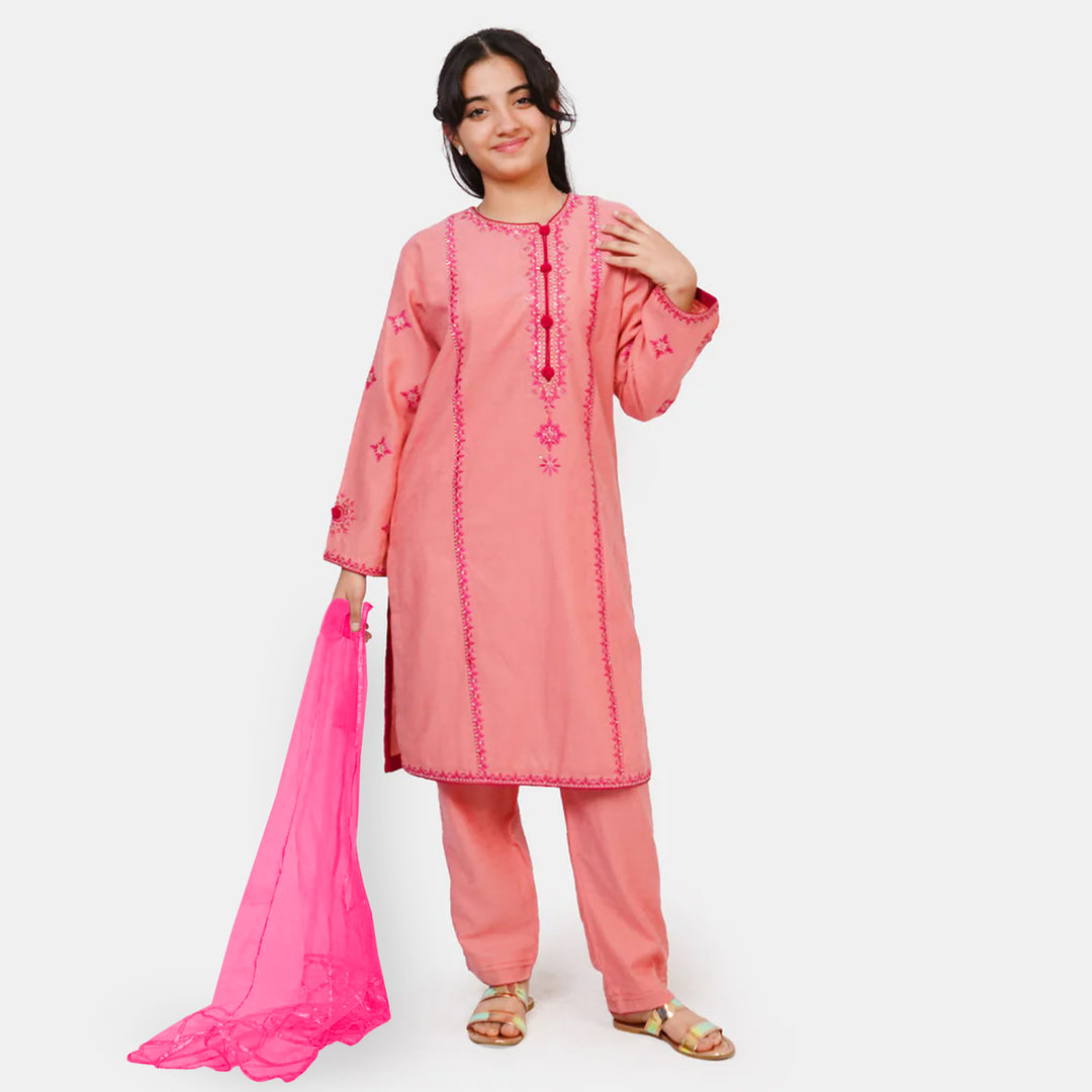 Teens Girls Jacquard 3Pcs Traditional Suit - Peach