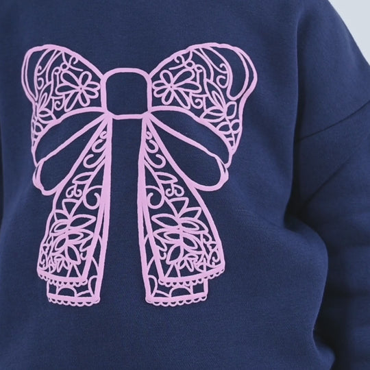Girls Fleece 2 Piece Suit Lace Bow - NAVY