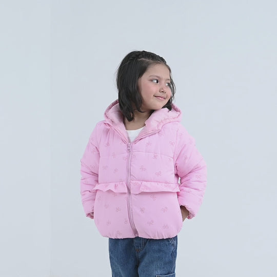 Girls Polyester Quilted Jacket Bow Repeat - PINK