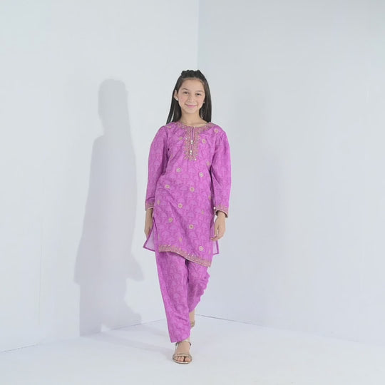 Girls Poly Lawn 2Pcs (Chamak) - Purple