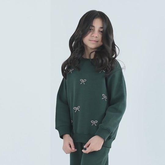 Girls Fleece 2 Piece Suit Pearl Bow-Green