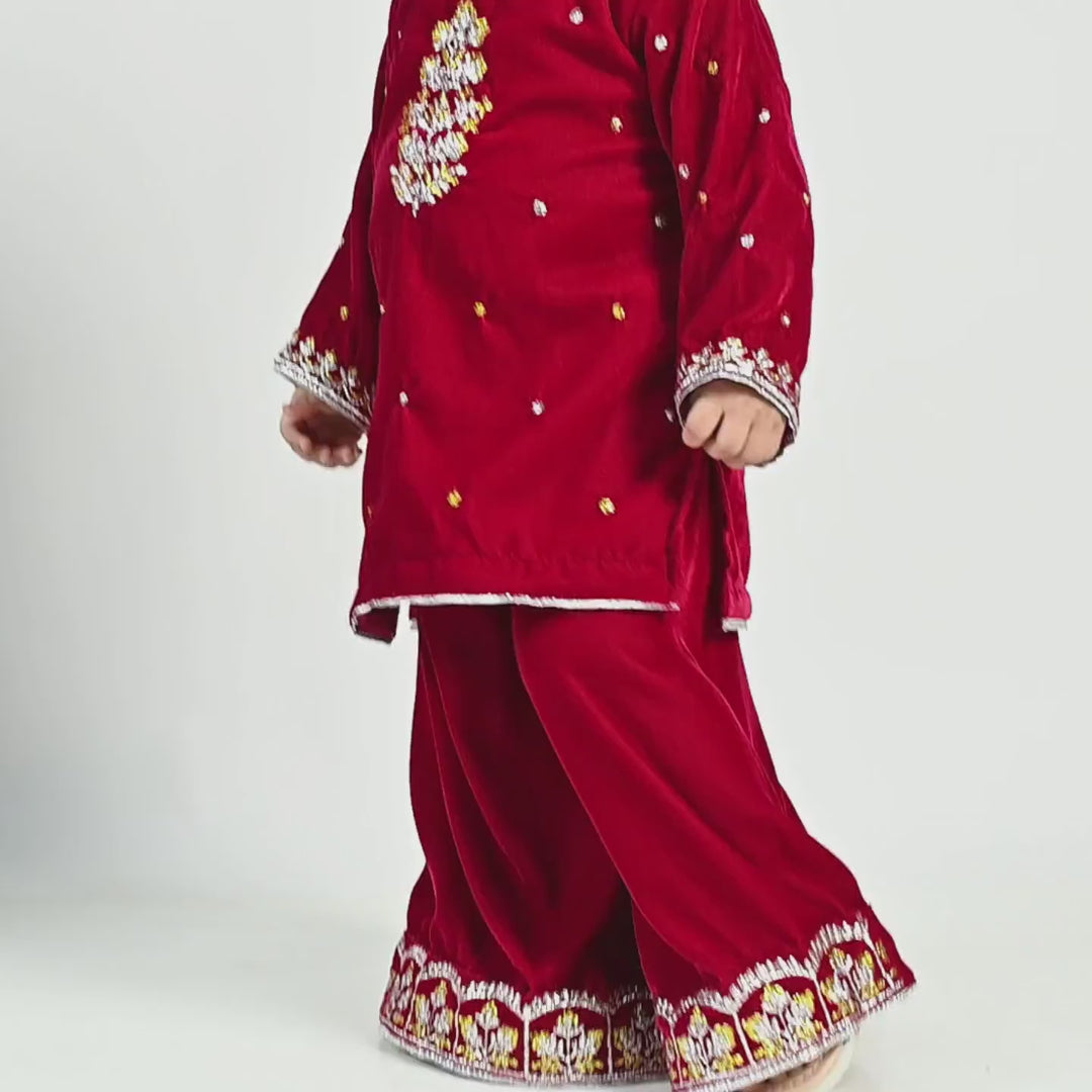 Infant Girls Velvet Fancy Suit Glitter-Magenta