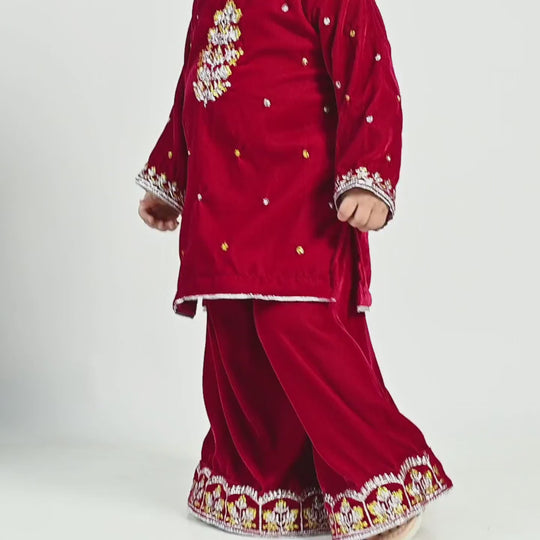 Infant Girls Velvet Fancy Suit Glitter-Magenta