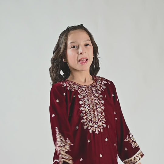 Girls Velvet Fancy 3Pcs - Maroon
