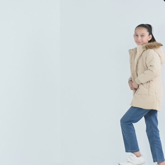 Girls Faux Fur Quilted Jacket-BEIGE