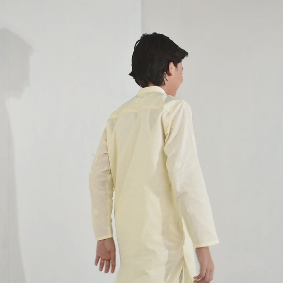 Boys Poly Viscose Kurta Pajama (Overlay) - Off White